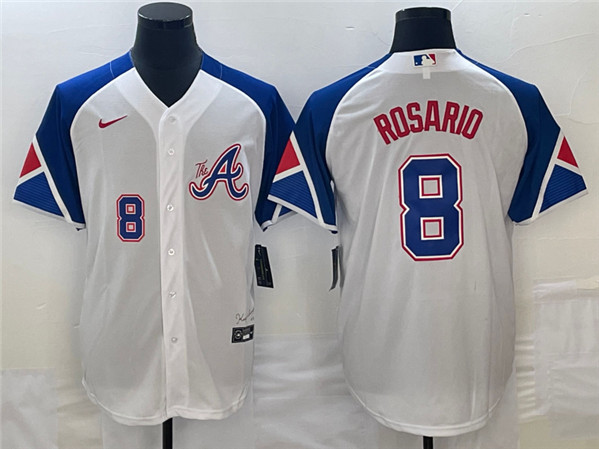 Men's Atlanta Braves #8 Eddie Rosario White 2023 City Connect Cool Base With Patch Stitched Baseball Jersey